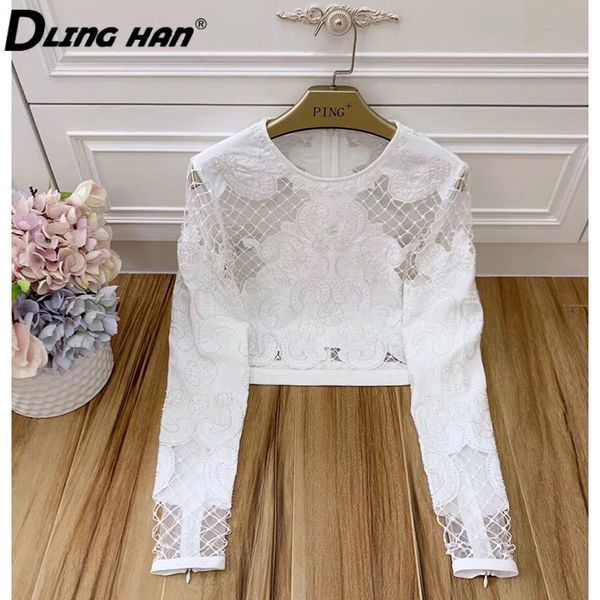 

linghan fashion embroidery mesh women's hollow out beading sequins long sleeve designer spring summer new, White