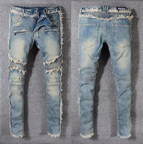 

swag mens designer brand black jeans skinny ripped destroyed stretch slim fit hop hop pants with holes for men#31, Blue