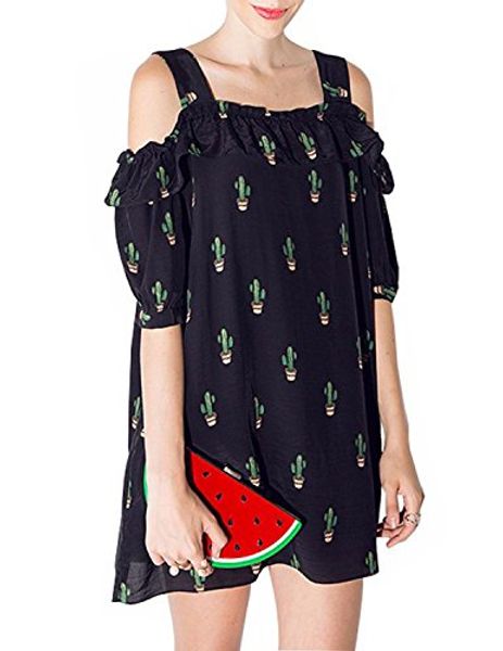 

haoduoyi womens casual cactus print cold shoulder mini dress, Black;gray