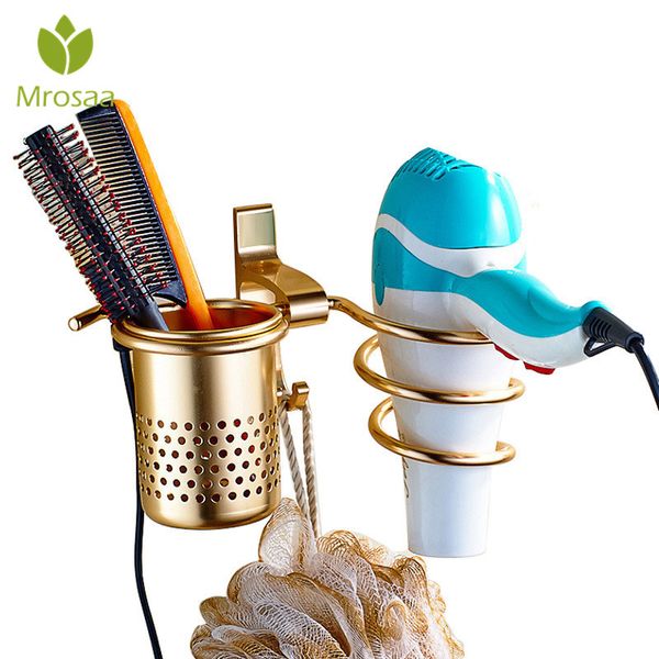 

1 pcs mrosaa hair dryer holder with cup aluminum bathroom hair blow dryer shelf organizer wall mount rack punch free