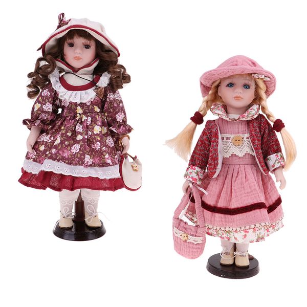 

30cm porcelain doll with display stand, pack of 2pcs, victoria style girl female figures with costumes outfits, dollhouse people decoration