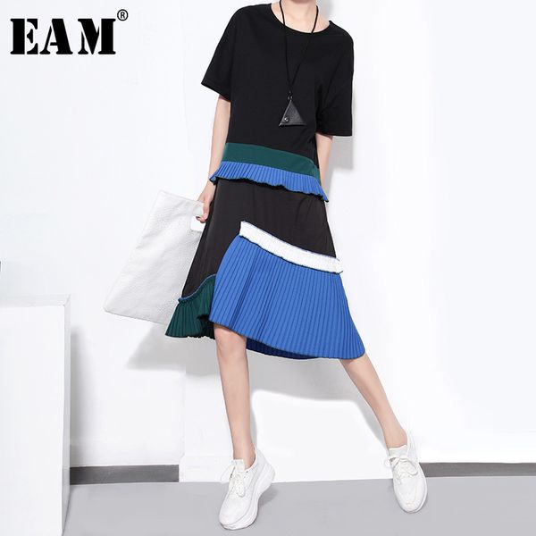 

eam] 2019 new spring summer round neck short sleeve hit color pleated irregular stitch loose dress women fashion tide jr573, Black;gray