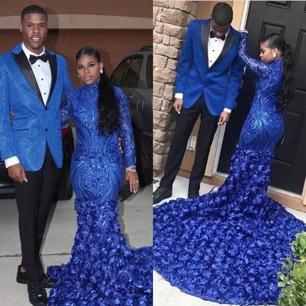 2020 Mermaid Black Girl Prom Party Dresses Long Sleeves High Neck