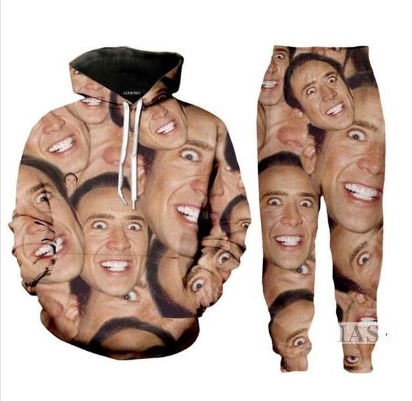 

wholesale--new fashion men/womens famous actor nicolas cage sweatshirt joggers funny 3d print hoodie+pants zz01, Gray