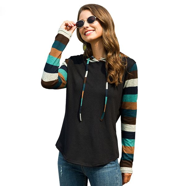 

striped patchwork hooded tshirts women drawstring multicolor long sleeve casual loose black tunic spring tee shirts, White