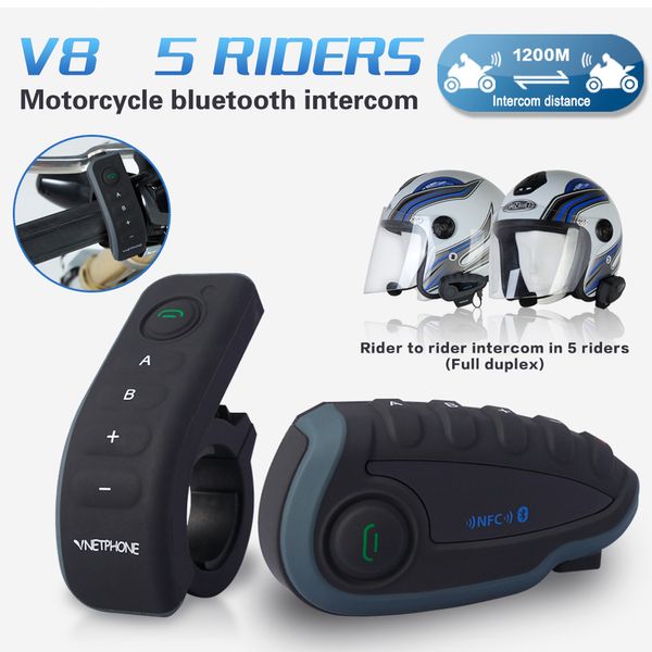 

vnetphone v8 1200m helmet bluetooth interphone full-duplex 5 riders wireless intercom motorcycle walkie-talkie with h