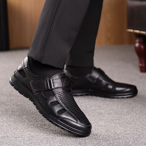 

summer genuine leather hollow out sandals velcro porous shoes breathable men's casual shoes soft bottom dad leather sandals men, Black