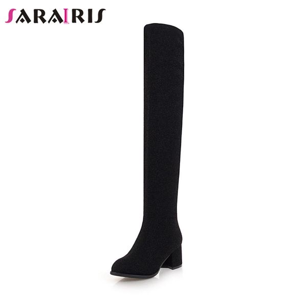 

sarairis new solid 5.5cm high heels black shoes woman casual fashion autumn over the knee boots large size 32-43