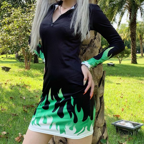 

exy v neck bodycon dress women long sleeve neon flame print dresses zipper 2019 autumn fashion slim mini dress, Black;gray
