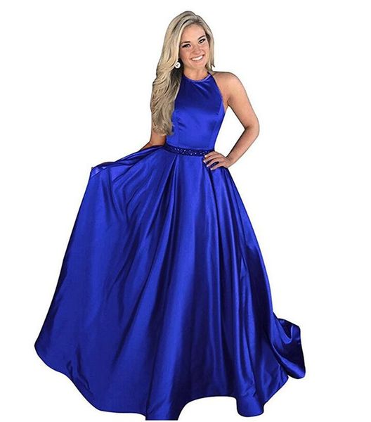 

New A Line Satin Prom Dresses With Sash Robe de Soiree Halter Neck Shinny Satin Womens Evening Special Occasion Dress Cocktail Party Gowns