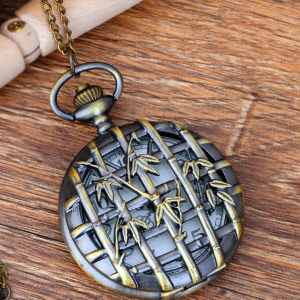

quartz pocket watch chinese antique style bronze thin chain hollow bamboo pocket watch can flip inside white, Slivery;golden