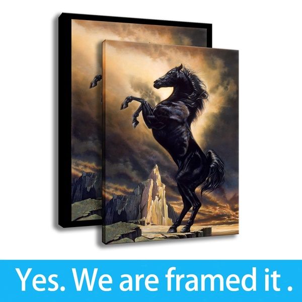 

framed young black stallion painting wall art fantasy horse print on canvas animals - porch decor - ready to hang