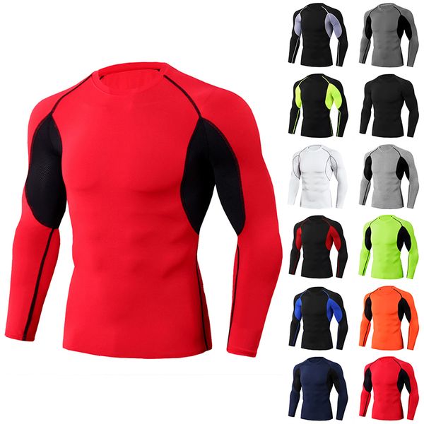 

comfortable polyester men slim athletic shirt cycling sports base layer tight fit stretch long sleeve high elastic shirt, Black;red