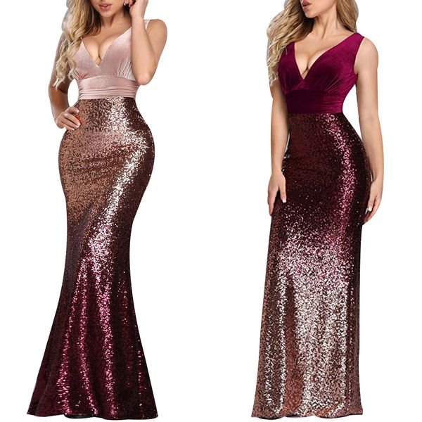 

duuti new elegant sequined gradient slim party club dress v-neck sleeveless classic mermaid ankle-length formal dress d25, Black;pink