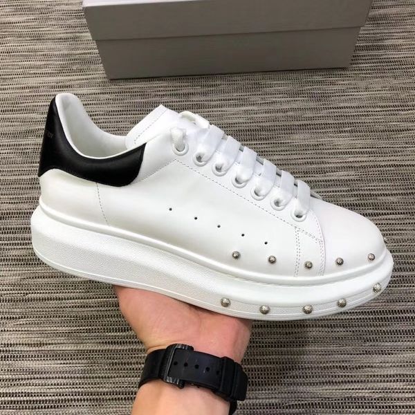 

metal rivets women patchwork sneakers double layer platform shoes thick heel genuine leather outdoor lace up white tennis shoes, Black