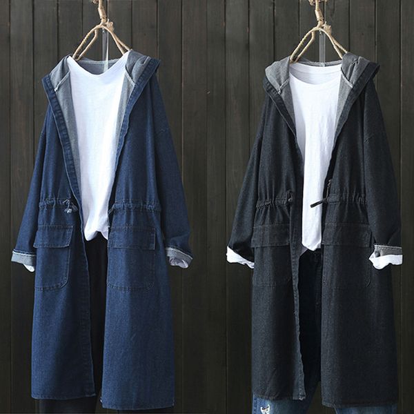 

women long hooded denim jacket autumn solid color long sleeve jean coat fall women black jacket jean overcoat chaqueta vaquera, Black;brown