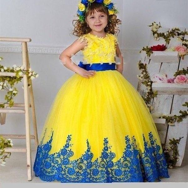 

yellow girls pageant gowns lace appliques sash bow flower girl dresses for wedding floor length girls birthday princess gowns, Blue
