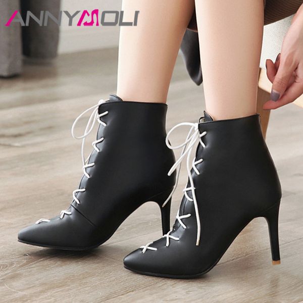 

annymoli winter ankle boots women pu leather stiletto heels short boots lace up super high heel shoes lady autumn plus size 3-12, Black
