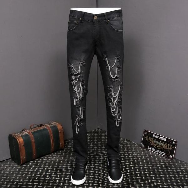 

2019 brand fashion luxury designer men's hole jeans autumn new chain hand-stitched straight micro-elastic black jeans male size 28-36, Blue