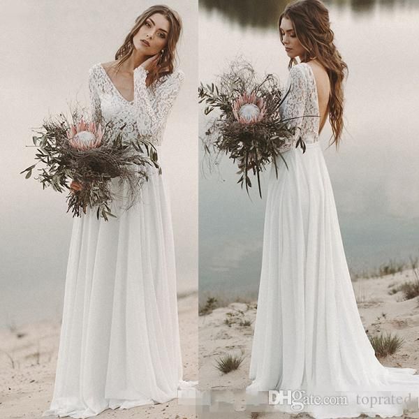

beach a-line wedding dresses 2019 chiffon lace v-neck with long sleeves backless draped bridal gown illusion bodice vestidos de noiva, White