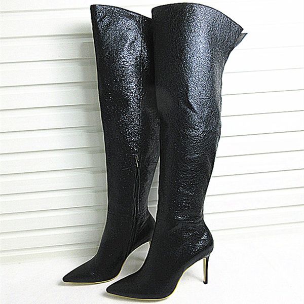 

roni bouker black patterned leather lady side zipper winter long shoes women over the knee pointed toe thigh high boots
