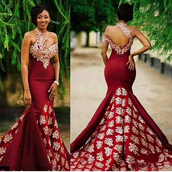 

dark red mermaid long evening dresses high neck chapel train zipper back mermaid formal evening gowns prom dresses, Black;red