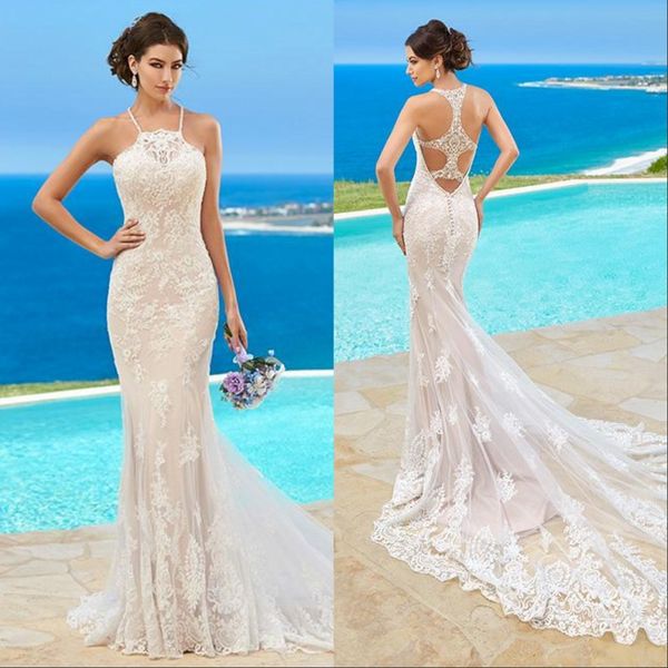 

custom made kitty chen wedding dresses lace appliqued halter sleeveless beach sweep train mermaid ball gown for bridal gowns 2019, White