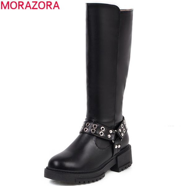 

morazora 2020 new fashion women knee high boots round toe rivet autumn winter boots square heels casual shoes ladies big size 40, Black