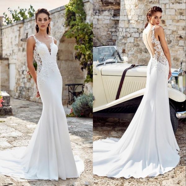 

mermaid wedding dresses 2020 v neck lace appliqued sweep train garden country wedding dress custom satin plus size boho bridal gowns, White