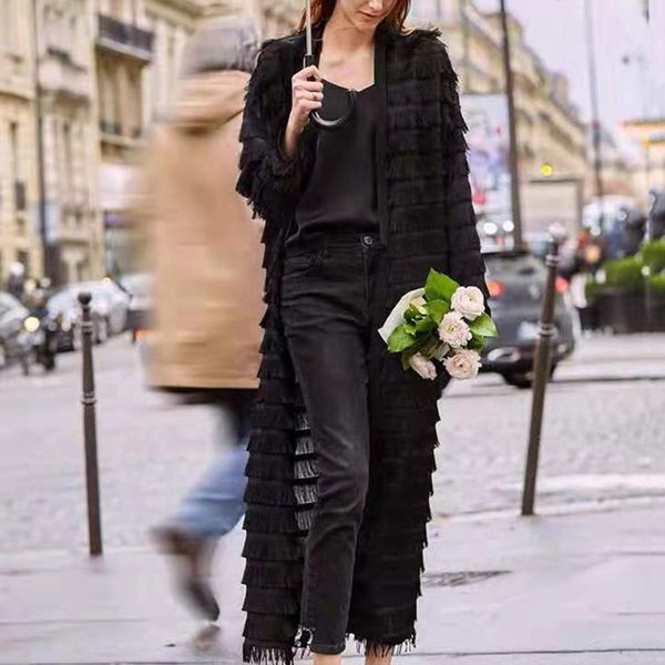 

feitong fashion women solid lace tassel loose casual long cardigan coat fashion faux fur coat women warm long sleeve outerwear, Black