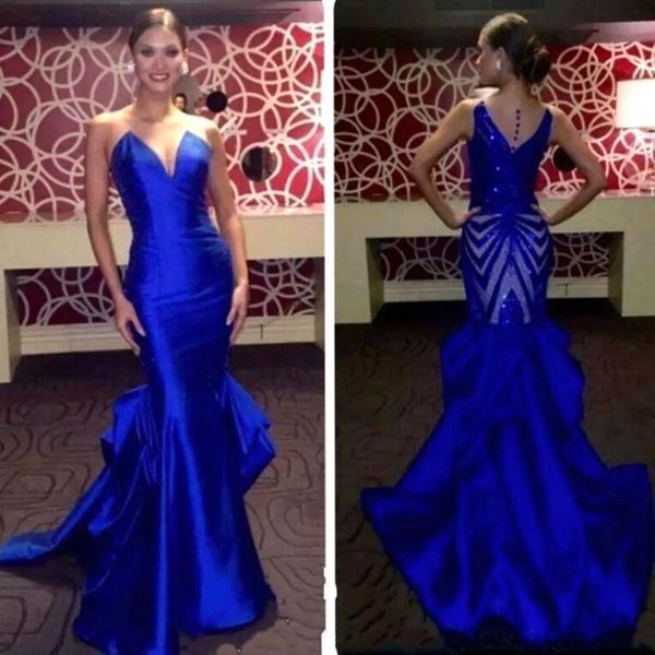

backless mermaid long prom dresses 2019 elegant royal blue satin evening party dresses with ruffles vestido de festa, White;black
