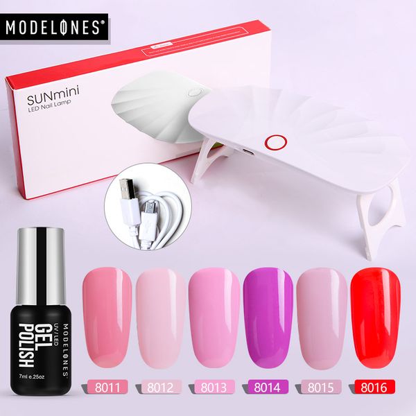 

modelones 7pcs/lot 6w led lamp nail art gel polish set usb cable mini uv lamp nail dryer soak off 6 colors gel varnish kits