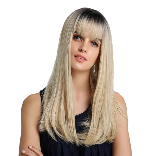 

22'' women long straight ombre wigs with neat bang for cosplay costume party, Black
