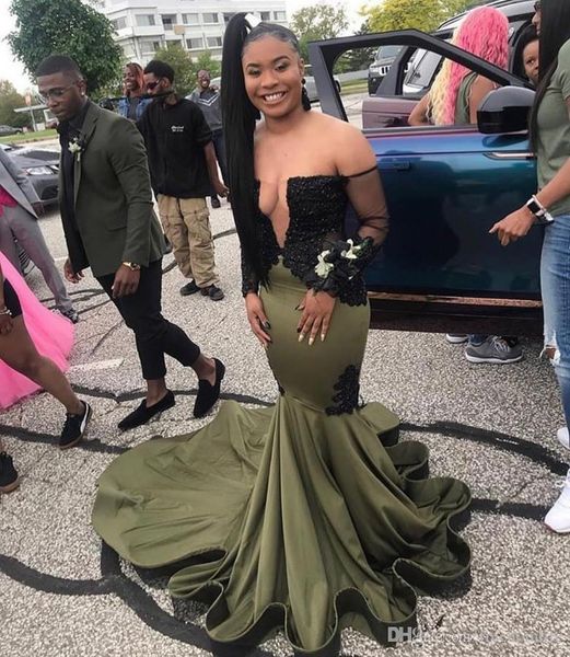 

2019 mermaid olive green prom dresses for black girls applique long sleeves formal party dresses evening wear vestidos de fiesta