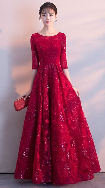 

Кружева Sparkly Sexy 2019 Вечерние платья Scoop Половина рукава A-Line Платья для выпускного вечера Vintage Элегантные вечерние платья для подружек невесты