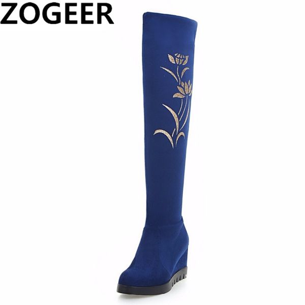 

new fashion thigh high snow boots women autumn winter casual high heels wedge knee boots soft flock long shoes woman, Black