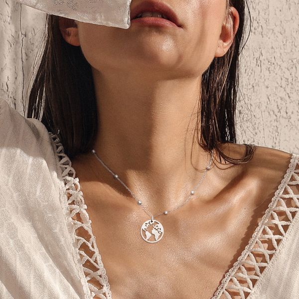 

100% stainless steel necklaces for women globe earth choker wanderlust necklace collares collier femme boho jewelry, Silver