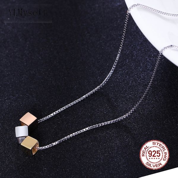 

real 925 sterling silver square pendant necklace 3 tone color jewellery fine jewelry solid silver choker suspension, Blue;slivery