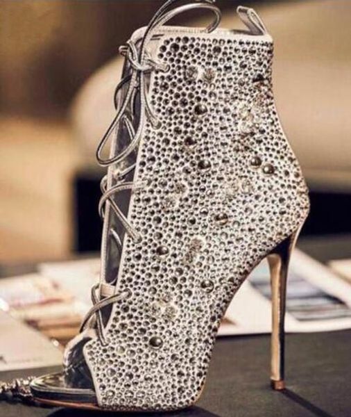 

luxury rhinestone cover women fashion high heel boots peep toe ladies lace up ankle boots metal heel dress party shoe, Black