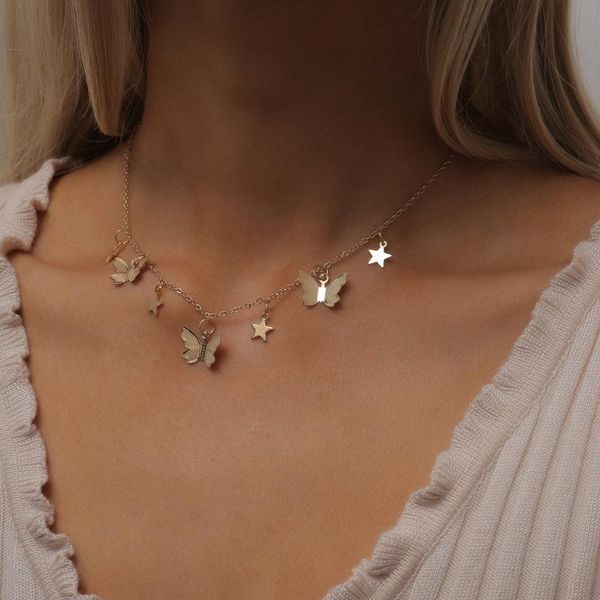 

2020 gold silver color star butterfly pendant necklace women short chain chocker statement collar fashion chokers necklace, Golden;silver
