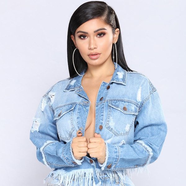 

2019 women boyfriend tassel jeans jacket hole long sleeve vintage denim coat autumn loose crop denim jacket, Black;brown