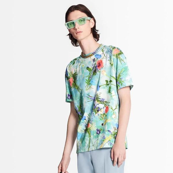

20ss classic flowers printed catwalk tee color matching men women breathable short sleeves high street t-shirt summer tee hfymtx784, White;black