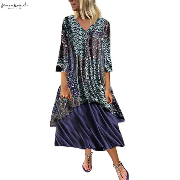 

women vintage summer long dress three quart er deep v neck floral print patchwork loose draped maxi sundress femme, Black;gray