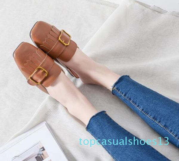 

tassel metal square buckle slippers women outdoor breathable leather mules woman autumn low heel slides woman mules shoes t13, Black