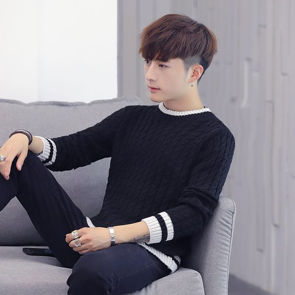 

2018 winter men plus size sweater black sweater men fashion male round collar fall, White;black