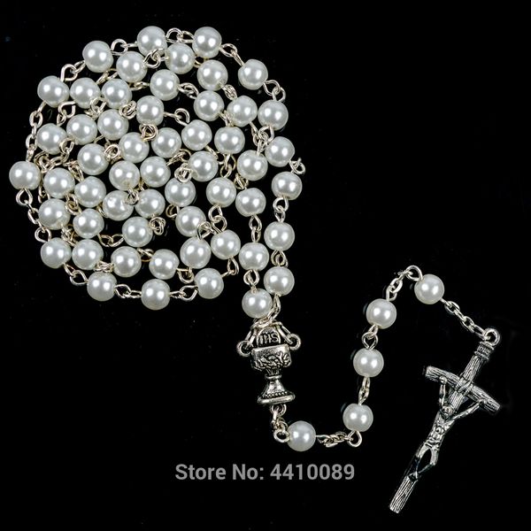 

first communion rosary glass peral imitation bead white black blue pink necklace women, Silver