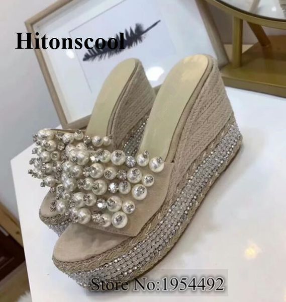 

summer wedge slippers platform high heels women slipper ladies outside shoes rhinestones wedge slipper flip flop sandals, Black