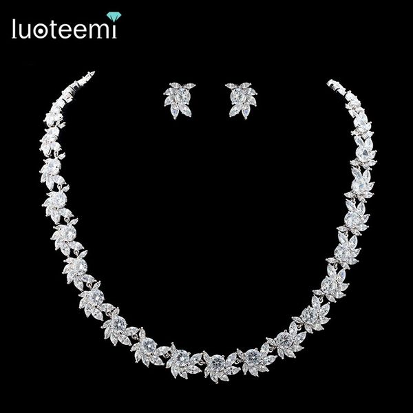 

luoteemi brand new elegant flower clear cz crystal necklace wedding bridal jewelry sets gift female collocation earrings, Silver
