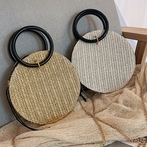 

2019 new women retro straw bag rattan woven round handbag vintage knitted messenger purse crossbody bag summer beach