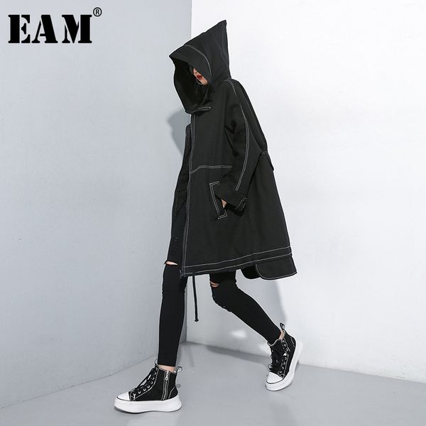 

eam] женщины drawstring oversize тренч новый капюшон с длинным рукавом свободный покрой ветровка мода прилив весна осень 2020 1a826, Tan;black